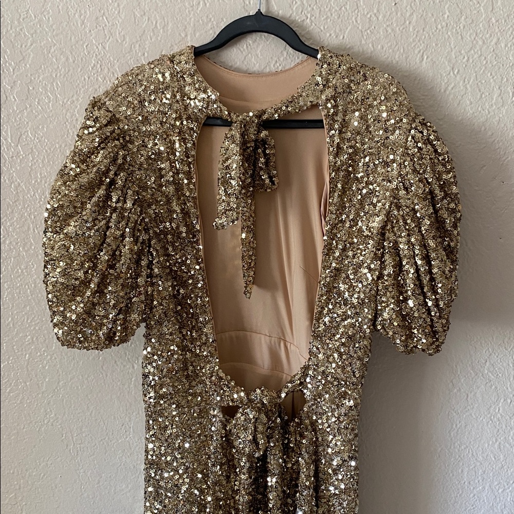 Gold Sequin Midi Dress with Puff Sleeves and High Neck - Picture 9 of 15